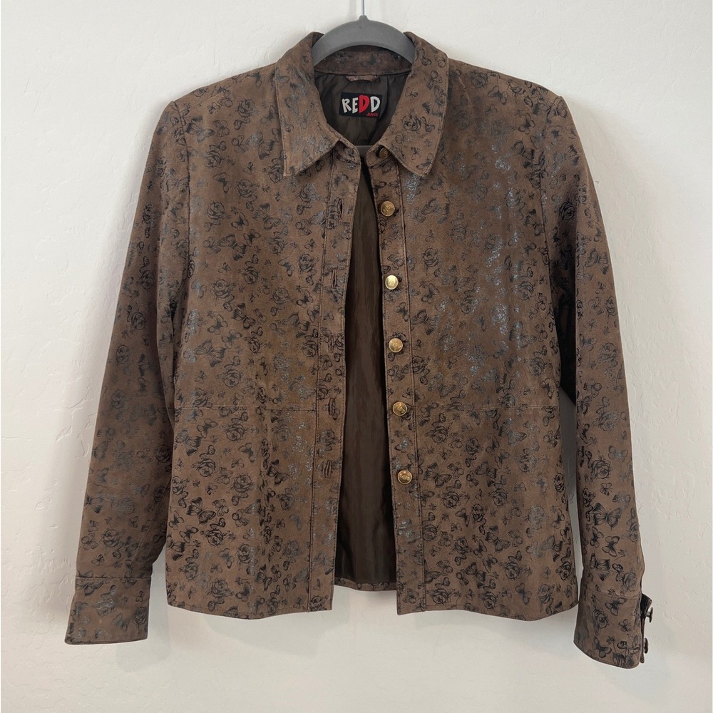 Redd Jeans Suede Jacket Women Medium Brown Floral Butterfly Metallic Print